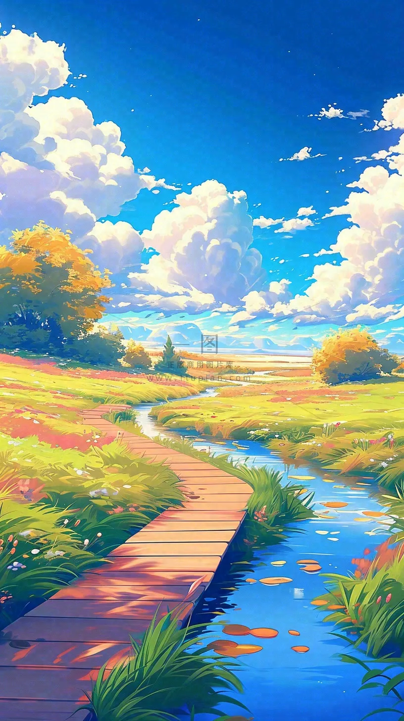 春天草坪河流小溪蓝天白云清新阳光手绘插画，立春春分