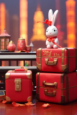 新年春节白兔坐在礼物礼盒灯火灯笼喜庆摄影图