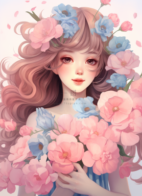 美丽少女抱着大捧粉色鲜花卡通插画