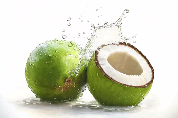 two green coconuts with a splash of water on them, an illustration of by Rodney Joseph Burn, shutterstock, renaissance, coconuts, f 2.5, f4.5  two green coconuts with a splash of water on them, an illustration of by Rodney Joseph Burn, shutterstock, renaissance, coconuts, f 2.5, f4.5