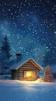 冬季夜晚蓝色星空下的小木屋灯火平安夜插画背景