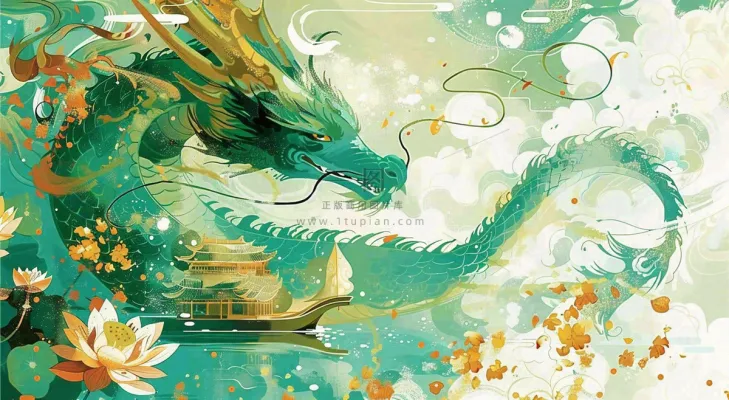 中国龙龙舟绿色创意插画端午节背景 中国龙龙舟绿色创意插画端午节背景