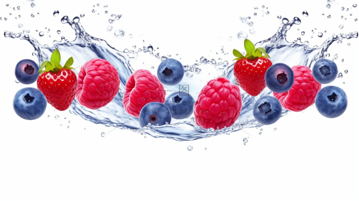 蓝莓树莓水花四溅新鲜水果摄影图