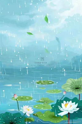 春天下雨天池塘荷花荷叶清凉雨水谷雨处暑插画背景 春天下雨天池塘荷花荷叶清凉雨水谷雨处暑插画背景