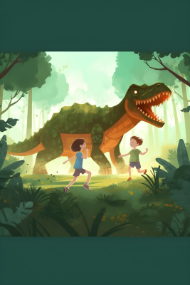 恐龙儿童大自然森林奔跑插画海报素材背景 恐龙儿童大自然森林奔跑插画海报素材背景