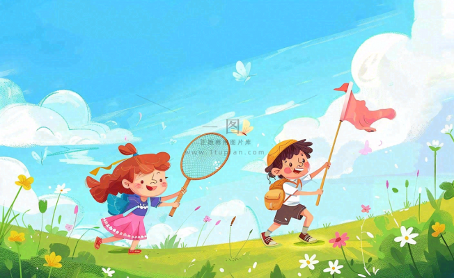 草坪扑蝴蝶的孩子们儿童节卡通插画背景 草坪扑蝴蝶的孩子们儿童节卡通插画背景