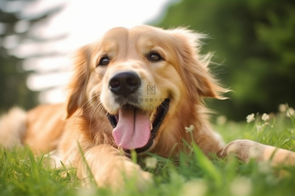 金毛宠物狗趴着公园草坪休息摄影图