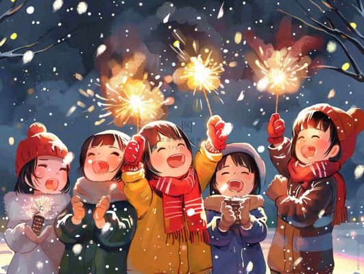 孩童儿童一起放烟花场景开心热闹庆祝新年春节小年除夕夜卡通插画背景 孩童儿童一起放烟花场景开心热闹庆祝新年春节小年除夕夜卡通插画背景