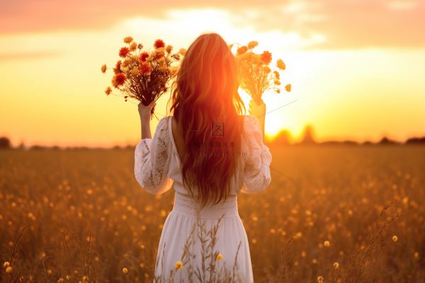 夕阳少女拿着花束走在花丛中晚霞落日美景摄影图