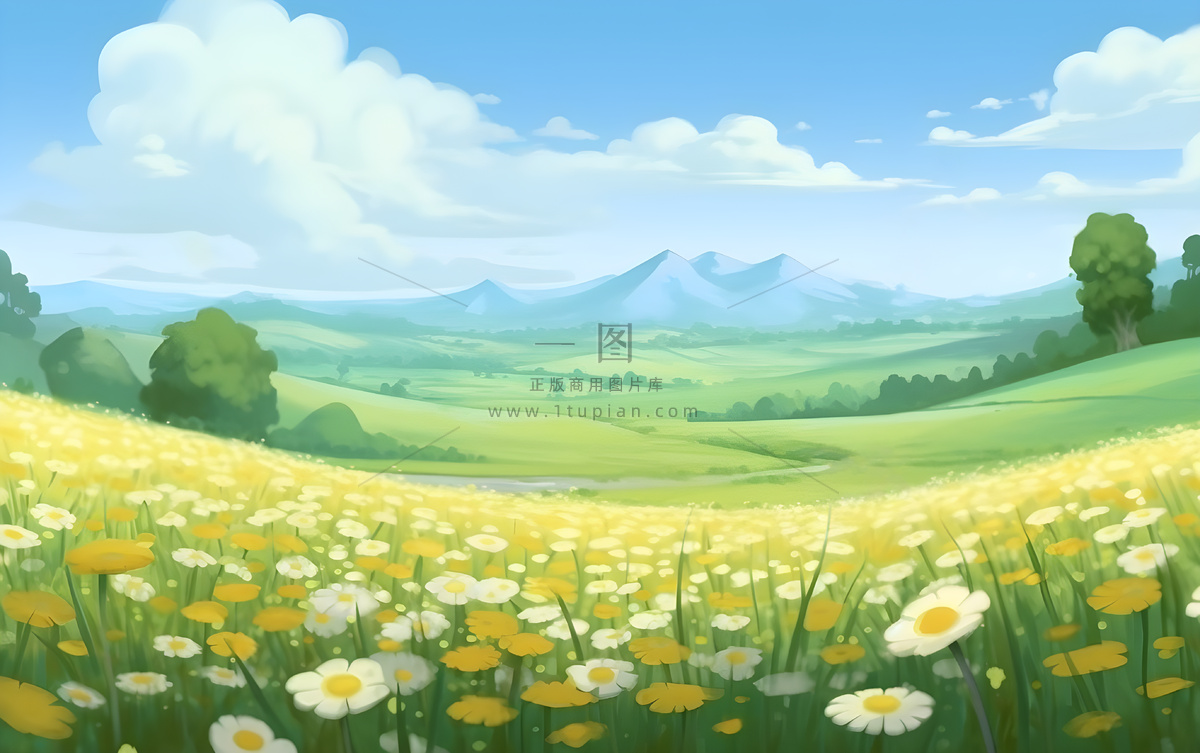 蓝天白云草坪草原人物黄色花朵手绘插画海报素材背景