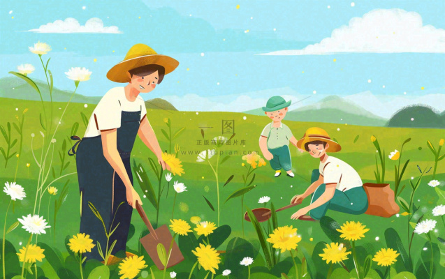 春天一家人在种花植树花丛浇水小满卡通插画背景