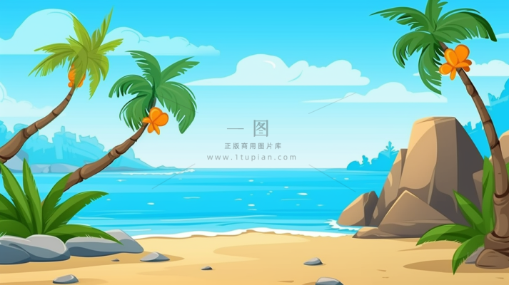 海边沙滩礁石椰树海岛卡通插画 背景