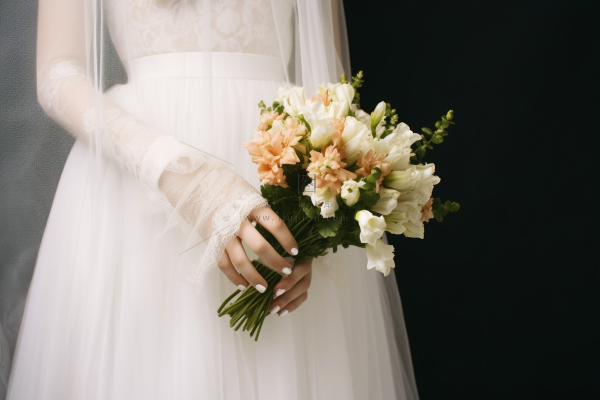 新娘穿着白色婚纱拿着白色手捧花摄影图