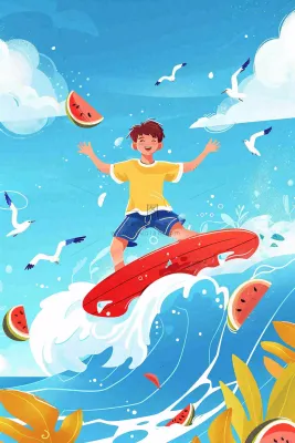 夏日炎热冲浪运动男孩西瓜清凉海鸥立夏夏至小暑大暑卡通插画背景