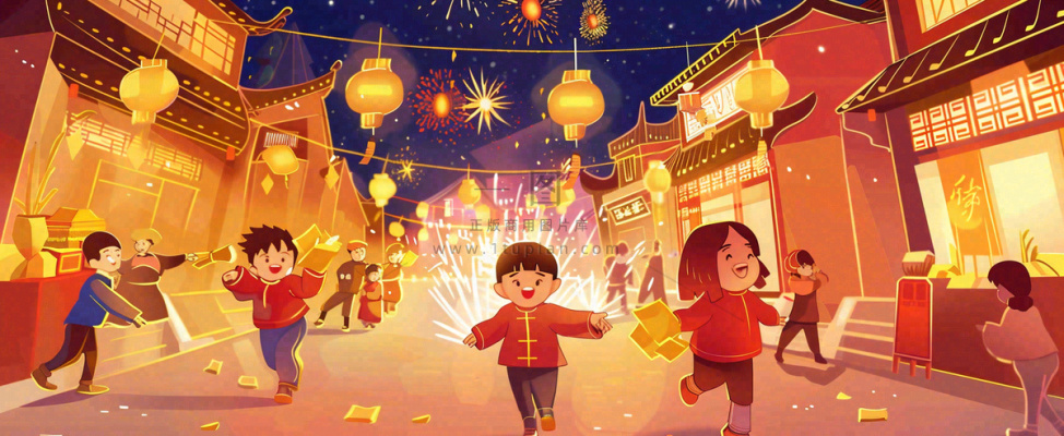 新年热闹街道儿童玩耍喜乐走街串巷灯笼烟花春节小年除夕夜元宵节国潮风插画背景 新年热闹街道儿童玩耍喜乐走街串巷灯笼烟花春节小年除夕夜元宵节国潮风插画背景