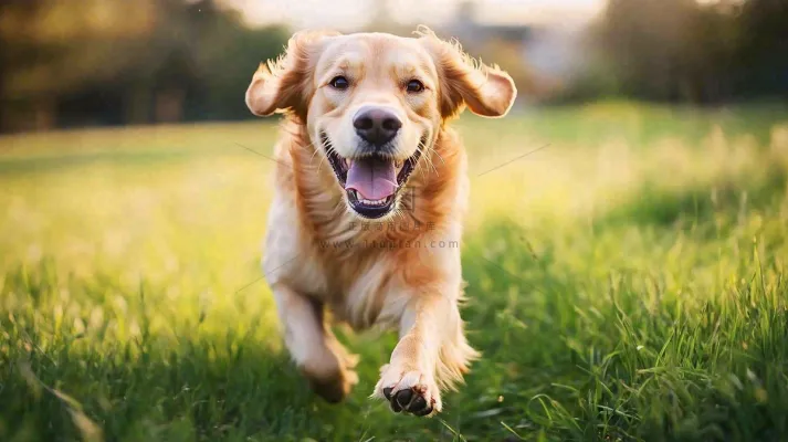草丛里飞奔的金毛小狗宠物动物摄影图