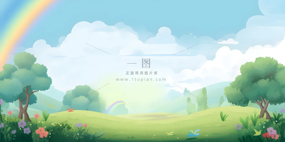 春天蓝天白云彩虹树林草坪手绘插画风景海报素材背景