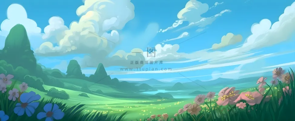 春天蓝天白云草原绿色树草地手绘插画海报素材背景