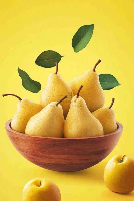 新鲜水果梨子木碗黄色背景摄影图