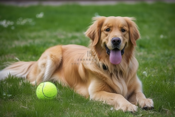金毛宠物狗在草坪玩球开心摄影图