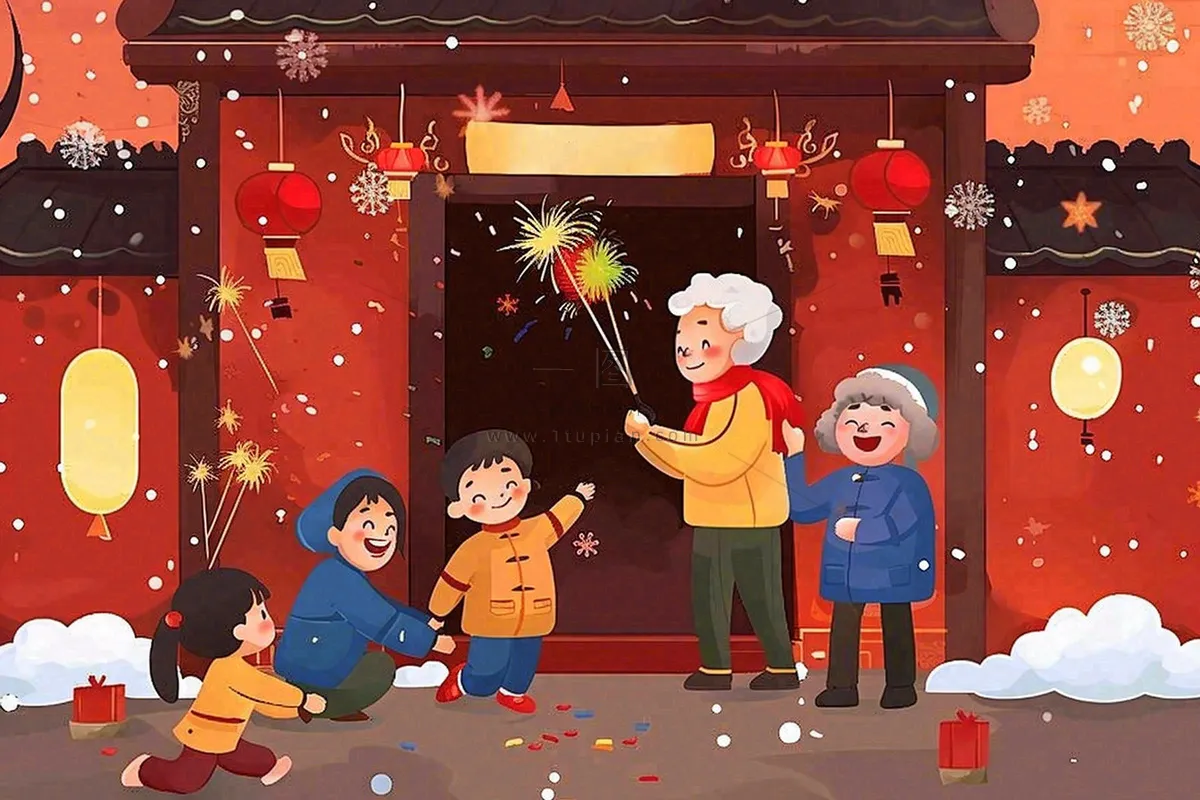卡通新年全家放烟花鞭炮团聚喜庆春节插画过年喜庆小年除夕夜元宵节背景