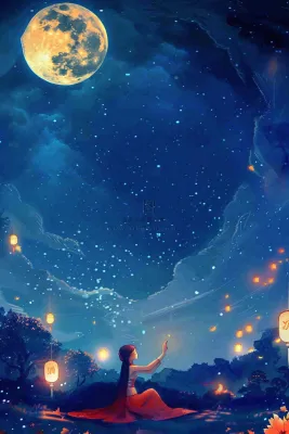 夜晚点灯孔明灯祈福中元节寒衣节插画背景 夜晚点灯孔明灯祈福中元节寒衣节插画背景