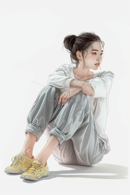 蹲坐着的少女朝气马尾发型插画背景