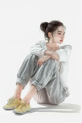 蹲坐着的少女朝气马尾发型插画背景