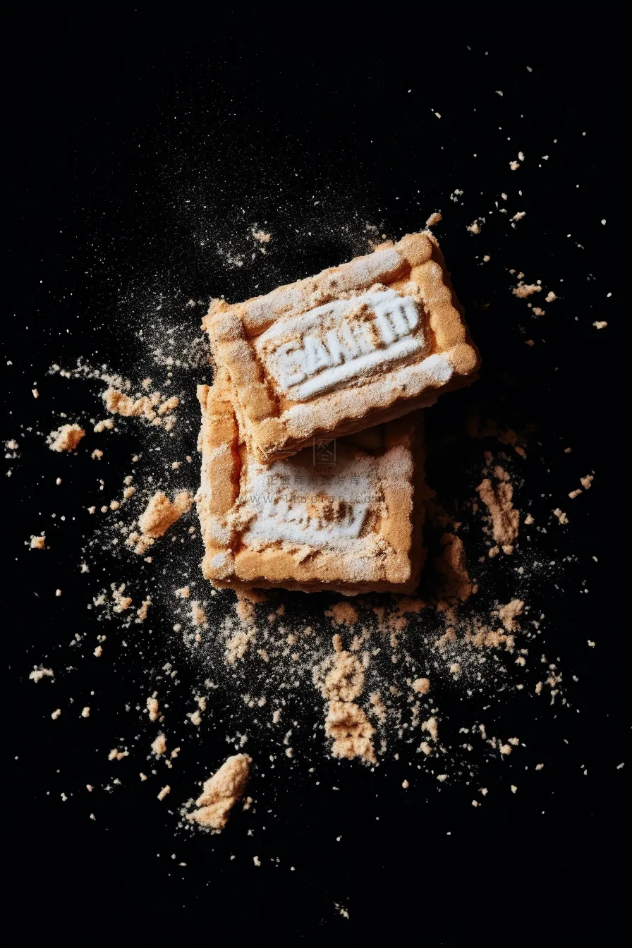 饼干碎屑四处飞溅黑色背景甜点摄影图