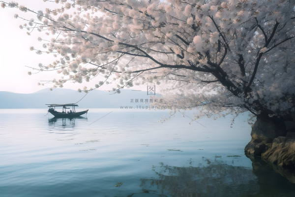 湖边的树开满了花朵，湖上有一艘船摄影图桌面壁纸