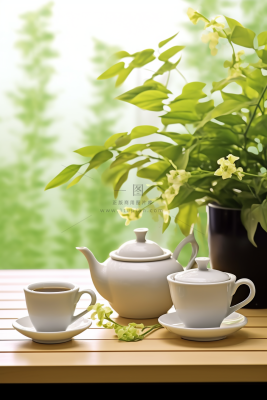 餐桌上的咖啡杯下午茶绿植阳光光影摄影图