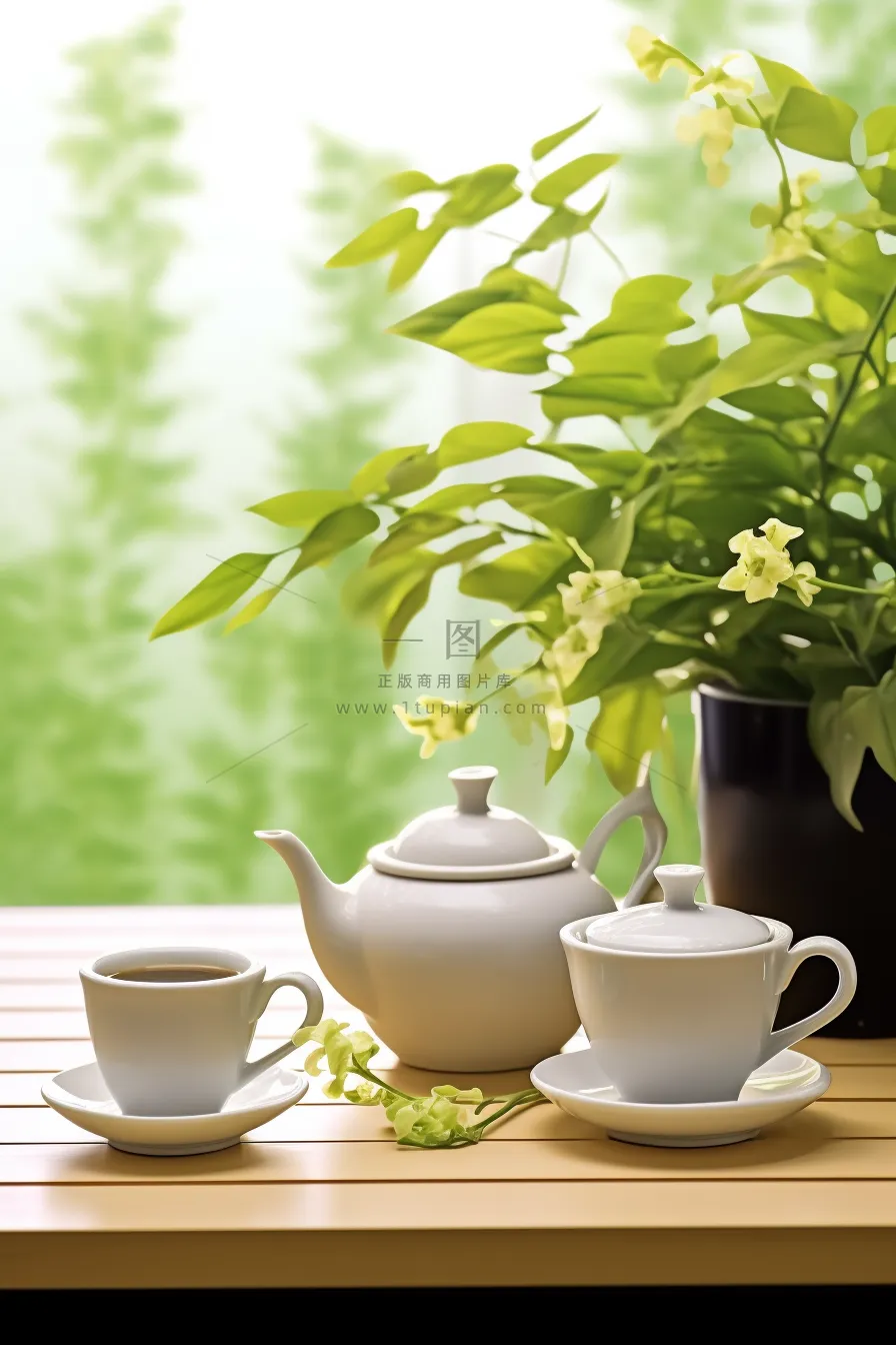 餐桌上的咖啡杯下午茶绿植阳光光影摄影图