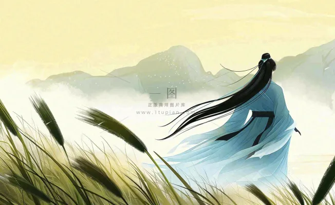 古风小清新手绘白露插画山下芦苇与古装男仙侠插画背景