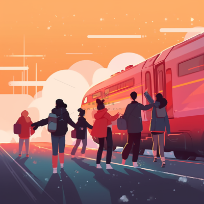 中国传统节日春节除夕春运赶火车回家团聚的人物插画海报背景