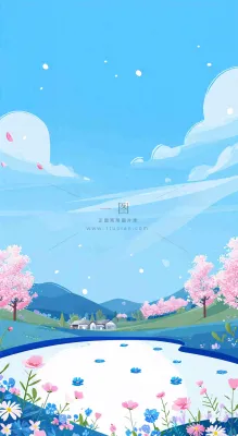 春天浪漫粉色樱花山脉河流蓝天白云清新手绘扁平插画,立春惊蛰 春天浪漫粉色樱花山脉河流蓝天白云清新手绘扁平插画,立春惊蛰