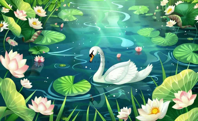 卡通夏天池塘天鹅荷叶荷花荷塘花朵立夏夏至大暑小暑卡通插画背景