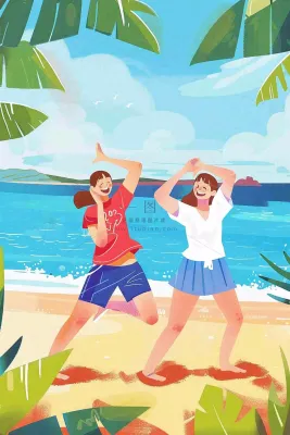 夏至海边沙滩度假玩乐小暑大暑节气插画背景