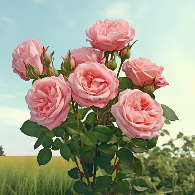 一束粉红色的玫瑰在郁郁葱葱的绿色田野上的数字渲染像素浪漫主义玫瑰背景美丽的背景玫瑰背景