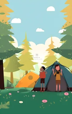 户外野外森林草原露营人们卡通插画背景 户外野外森林草原露营人们卡通插画背景