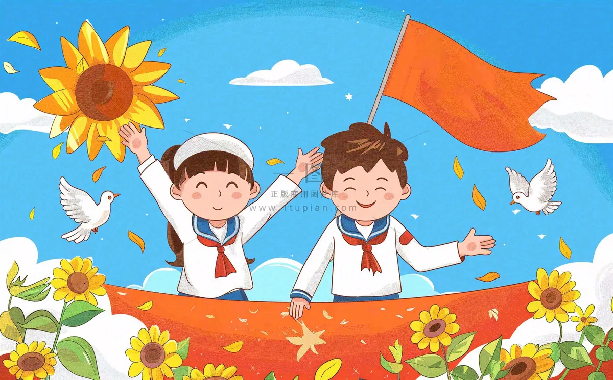 红色国庆节少先队员旗帜向日葵插画十一国庆节插画背景