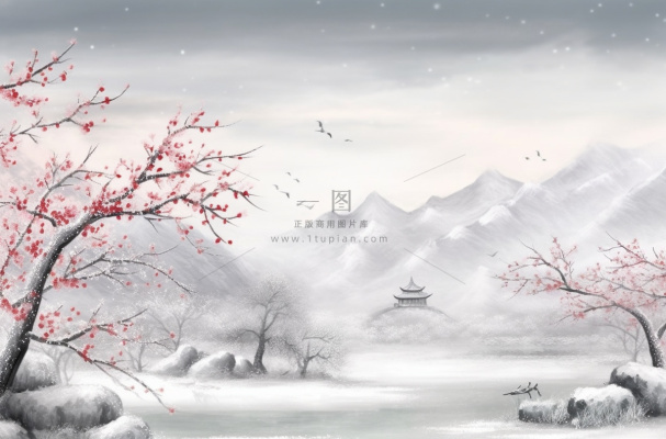 冬季山水梅花山峰水墨画中国风插画背景 冬季山水梅花山峰水墨画中国风插画背景