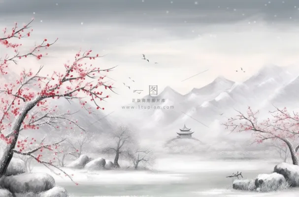 冬季山水梅花山峰水墨画中国风插画背景 冬季山水梅花山峰水墨画中国风插画背景