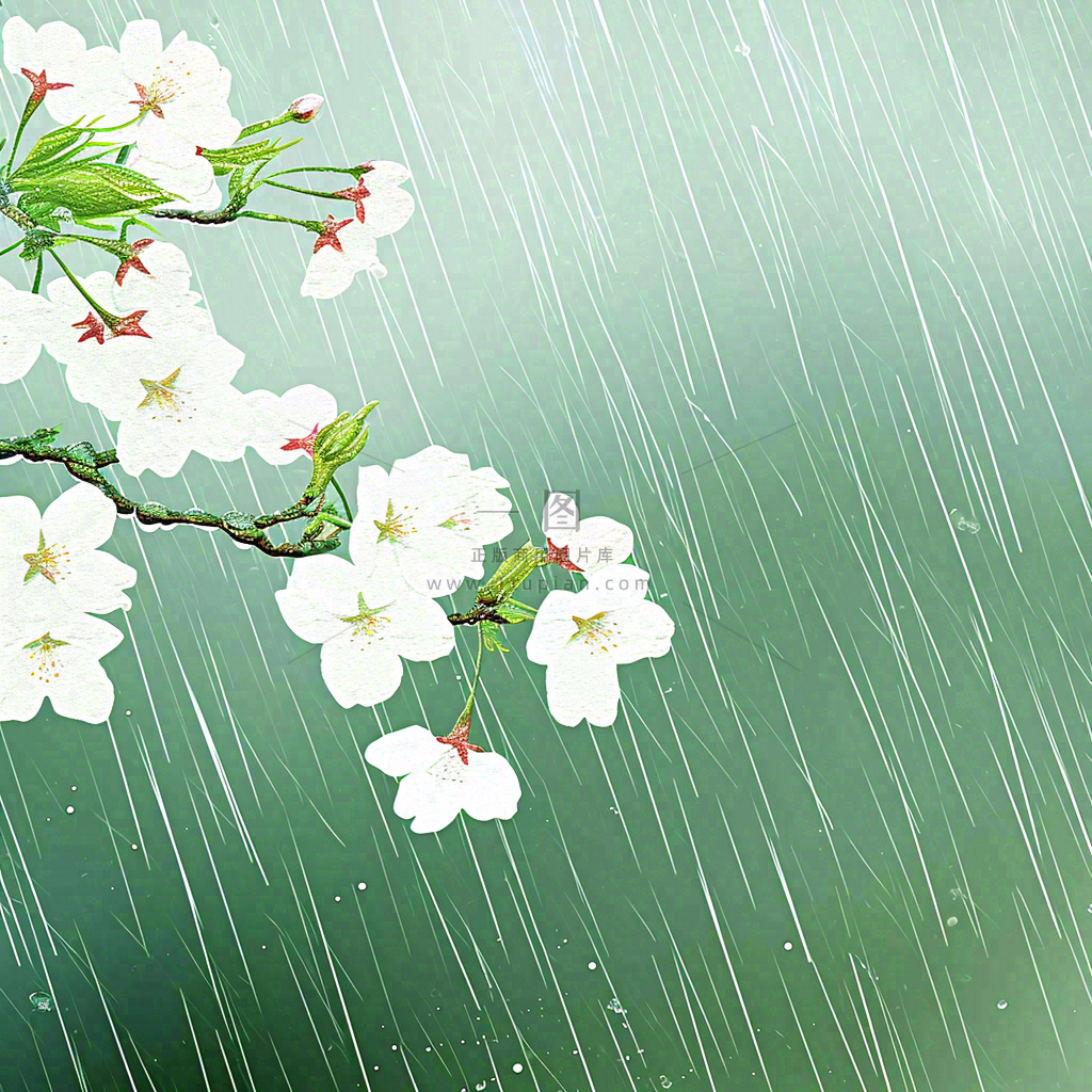 春天雨天白色花朵,雨水谷雨摄影图