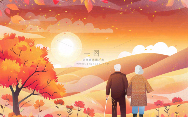 重阳节黄昏老人登高望远背影卡通插画背景