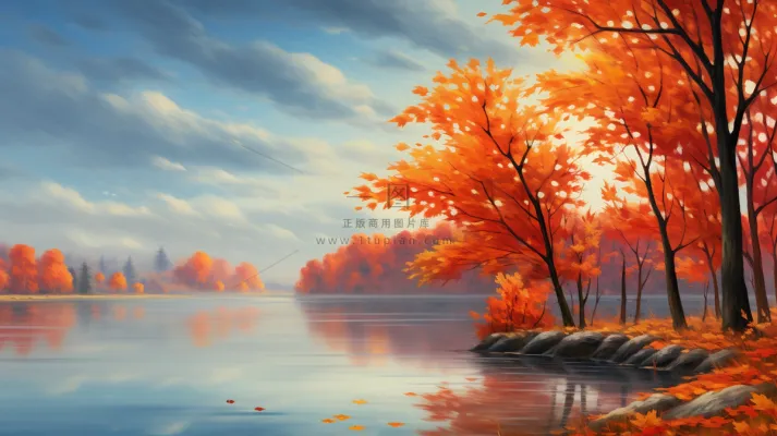 秋季树木湖泊河流风景新疆插画素材背景