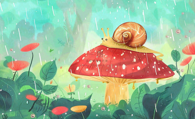 春天雨水蘑菇上的蜗牛森林惊蛰谷雨插画背景