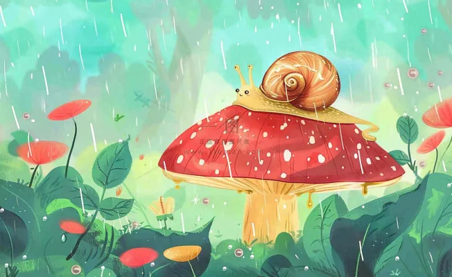 春天雨水蘑菇上的蜗牛森林惊蛰谷雨插画背景