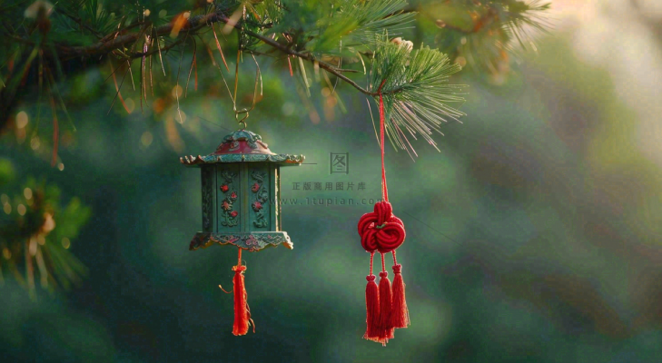 端午节树枝上挂着香囊艾叶香包祈福摄影图