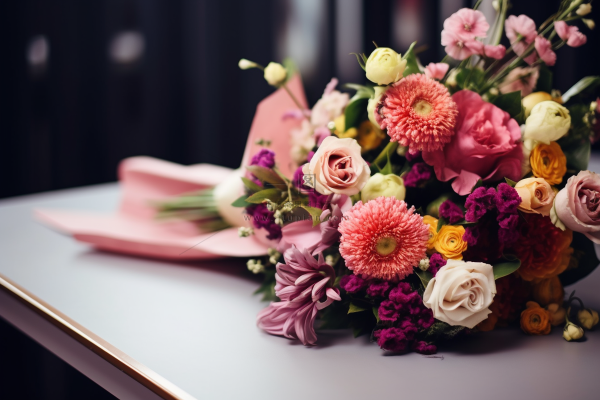 手捧花桌上的花束摄影图