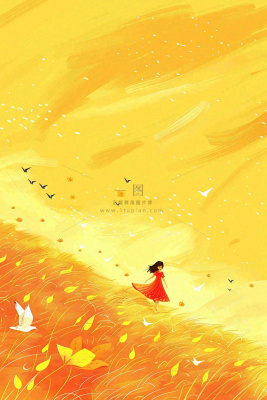 秋天金黄背景花丛红裙子少女白鹭立秋秋分白露插画背景 秋天金黄背景花丛红裙子少女白鹭立秋秋分白露插画背景